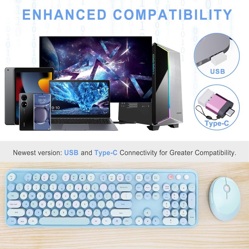 SkyGive Wireless Keyboard and Mouse Combo, Ergonomic Full Size Typewriter Retro Round Keycaps Keyboard, Compatible with Windows, PC, Perfer for Home and Office Keyboards (Blue - Image 2